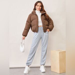 SHEIN Drop Shoulder Butterfly Chest Crop Puffer Zip Up High Neck Coat Jacket S